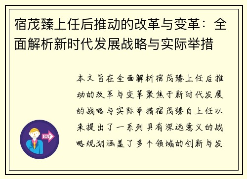 宿茂臻上任后推动的改革与变革：全面解析新时代发展战略与实际举措