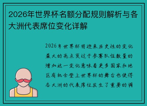 2026年世界杯名额分配规则解析与各大洲代表席位变化详解